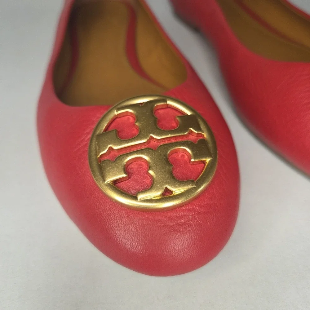 Tory Burch Reva Red Pebbled Leather Ballet Flats Gold Logo Medallion Women's US